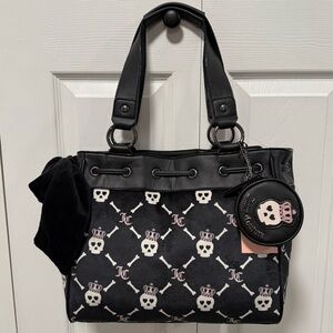 NWT Juicy Couture Black Velour Skull Print Haunted Couture Daydreamer Tote